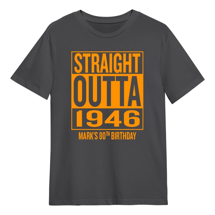 A straight outta compton themed 80th birthday t-shirt that reads Straight Outta 1946 and the custom text Mark's 80th Birthday