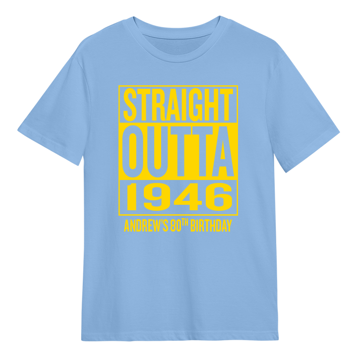 A straight outta compton themed 80th birthday t-shirt that reads Straight Outta 1946 and the custom text Andrew's 80th Birthday