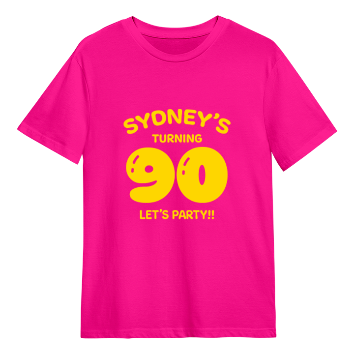 A custom 90th birthday t-shirt which has the custom text Sydney's turning 90, Let's Party!! with the 90 in a balloon text