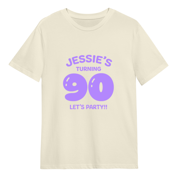 A custom 90th birthday t-shirt which has the custom text Jessie's turning 90, Let's Party!! with the 90 in a balloon text