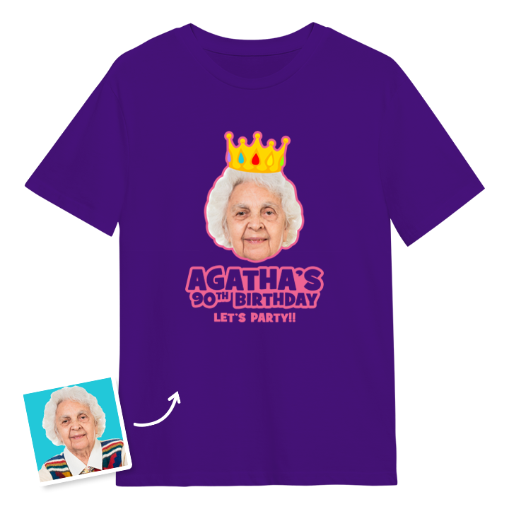 A custom 90th birthday t-shirt with a woman's face on it wearing a crown with custom text reading Agatha's 90th Birthday, Let's Party!!