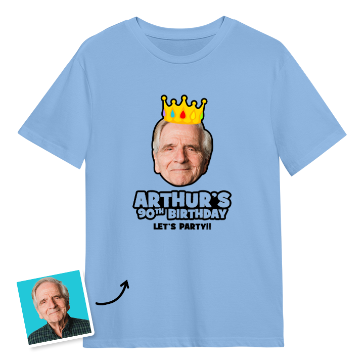 A custom 90th birthday t-shirt with a man's face on it wearing a crown with custom text reading Arthur's 90th Birthday, Let's Party!!