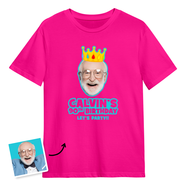 A custom 90th birthday t-shirt with a man's face on it wearing a crown with custom text reading Calvin's 90th Birthday, Let's Party!!