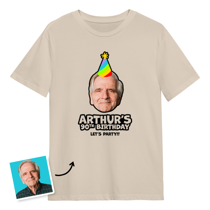 Birthday hat custom photo t shirt with a man's face on it who is wearing a party hat and the custom text Arthur's 90th birthday, let's party!!