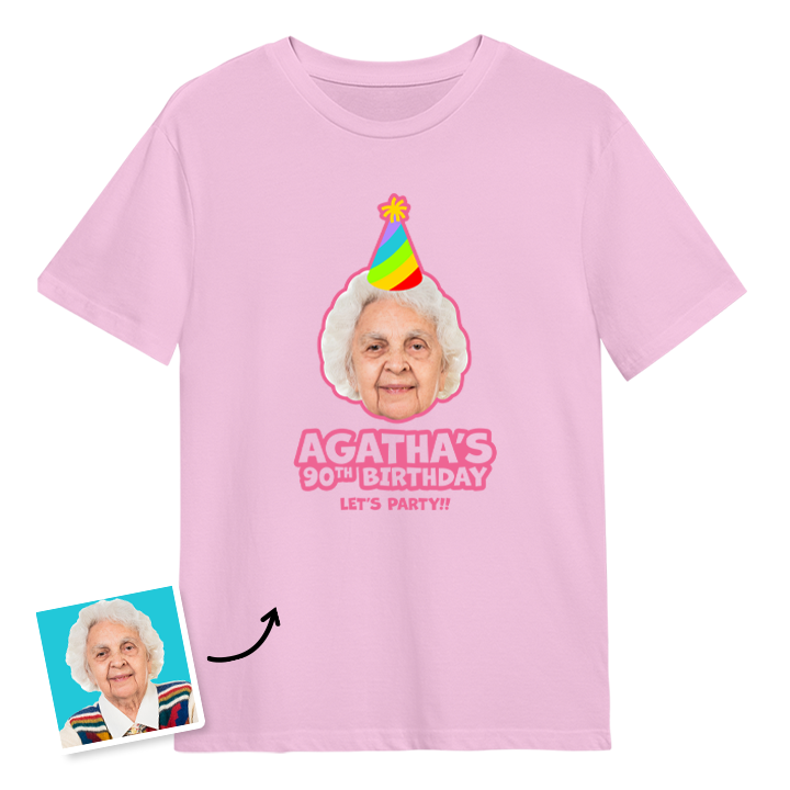 Birthday hat custom photo t shirt with a woman's face on it who is wearing a party hat and the custom text Agatha's 90th birthday, let's party!!