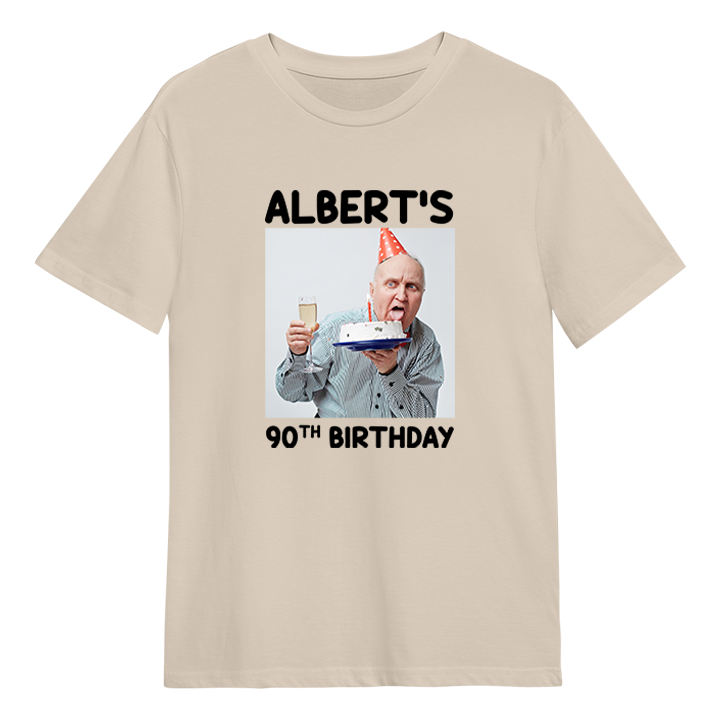 A custom birthday shirt that has had a photograph of a man in a party hat added to it with the custom text Albert's 90th birthday