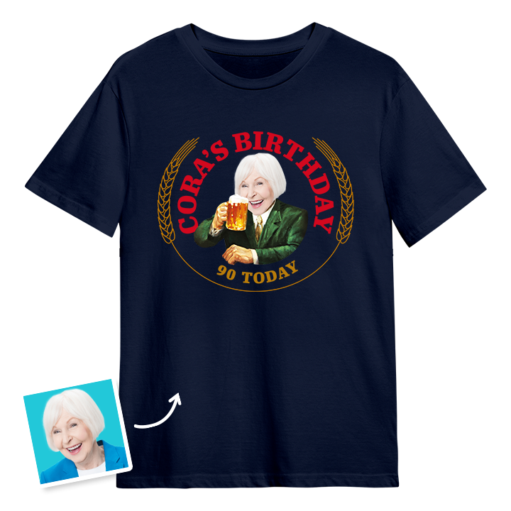 A Moretti themed 90th birthday t-shirt with a woman's photo edited into the iconic Moretti design with custom text reading Cora's Birthday 90 Today
