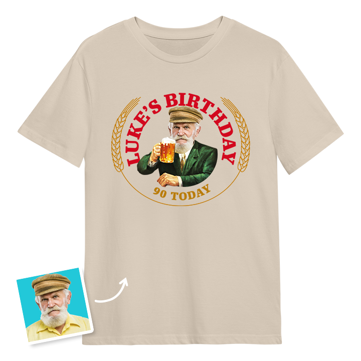 A Moretti themed 90th birthday t-shirt with a man's photo edited into the iconic Moretti design with custom text reading Luke's Birthday 90 Today