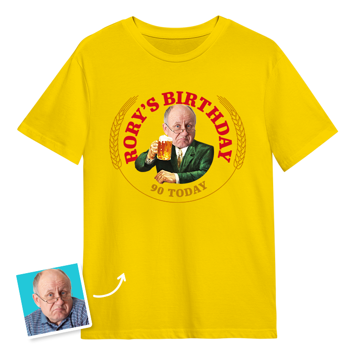 A Moretti themed 90th birthday t-shirt with a ma's photo edited into the iconic Moretti design with custom text reading Rory's Birthday 90 Today