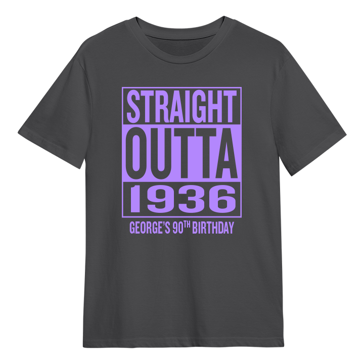 A straight outta compton themed 90th birthday t-shirt that reads Straight Outta 1936 and the custom text George's 90th Birthday 