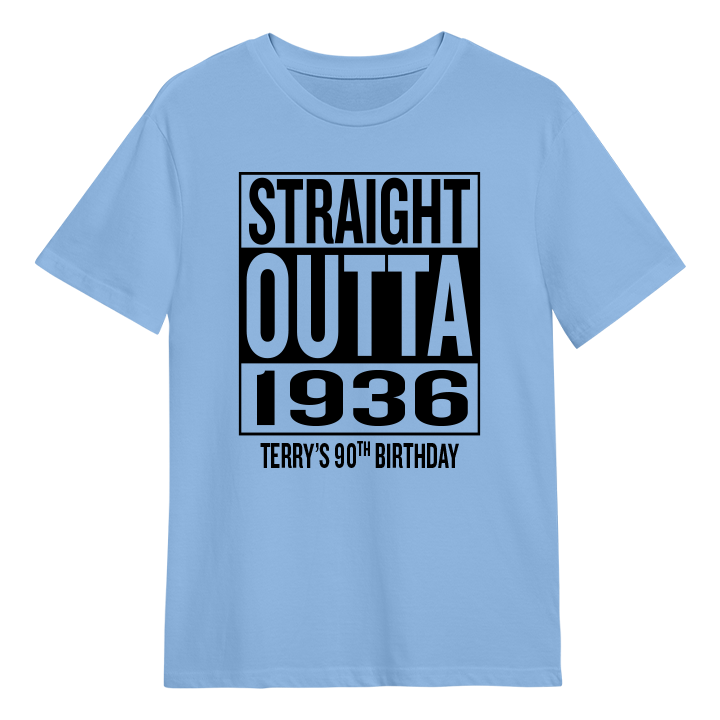 A straight outta compton themed 90th birthday t-shirt that reads Straight Outta 1936 and the custom text Terry's 90th Birthday