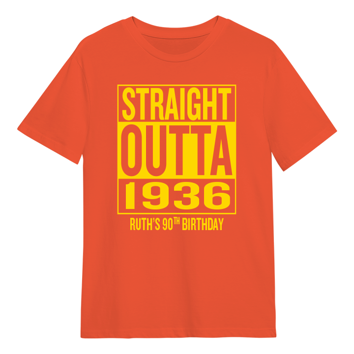A straight outta compton themed 90th birthday t-shirt that reads Straight Outta 1936 and the custom text Ruth's 90th Birthday