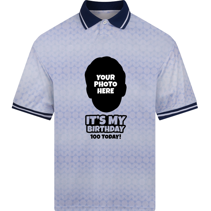 A custom 100th birthday footie top with a white retro shimmer which can be personalised with a picture of someone's face and two lines of custom text 
