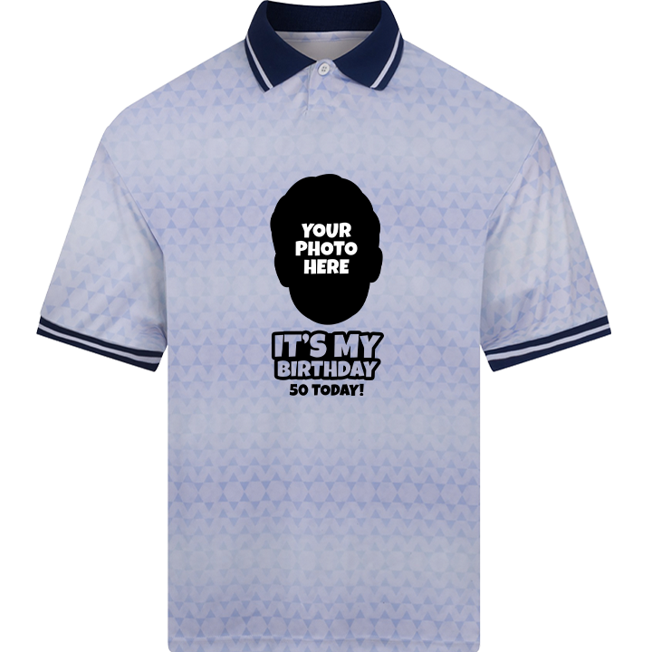 A custom 50th birthday footie top with a white retro shimmer which can be personalised with a picture of someone's face and two lines of custom text 