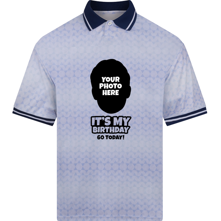 A custom 60th birthday footie top with a white retro shimmer which can be personalised with a picture of someone's face and two lines of custom text 