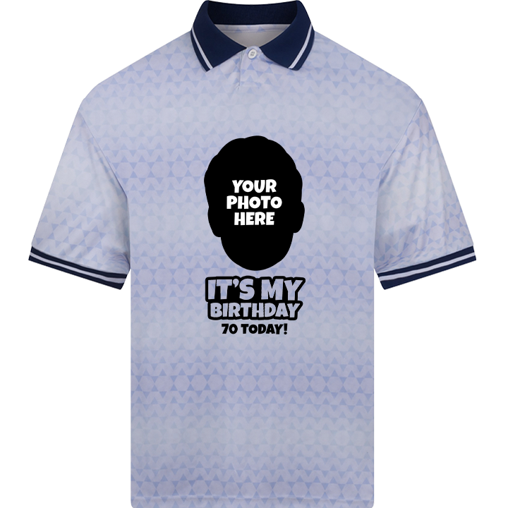 A custom 70th birthday footie top with a white retro shimmer which can be personalised with a picture of someone's face and two lines of custom text 