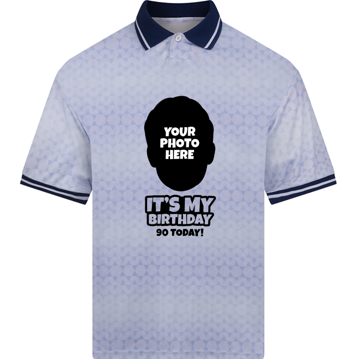 A custom 90th birthday footie top with a white retro shimmer which can be personalised with a picture of someone's face and two lines of custom text 