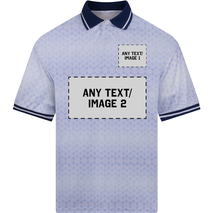 A customisable retro football shirt where you can add text/image in the crest area and in the sponsorship area 