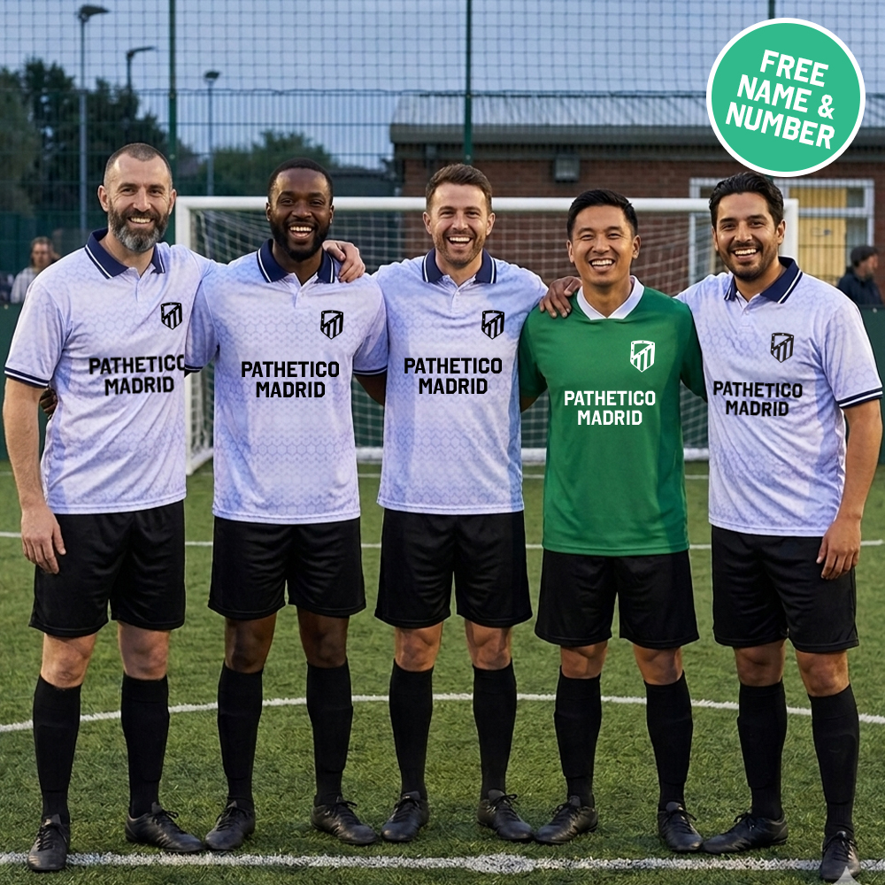 A five-a-side team wearing 'Pathetico Madrid' custom white retro football tops