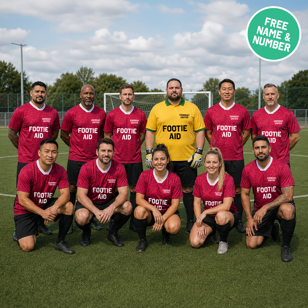 A charity eleven a side football team wearing red custom retro football shirts