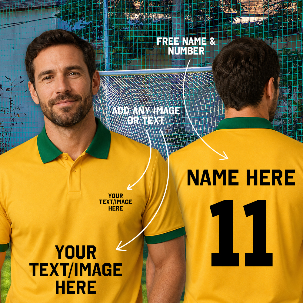 A male football player demonstrating a yellow custom retro football top. Shows customisable free names and number and areas for crests and sponsorship 