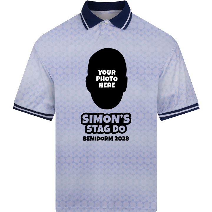 A custom stag do retro footie top with custom text reading Simon's Stag Do Benidorm 2028 that can be personalised with a face photo of the stag 