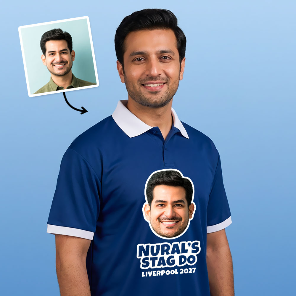 A male model wearing a custom stag do retro footie top with custom text reading Nural's Stag Do Liverpool 2027 which has been personalised with a face photo of the stag 
