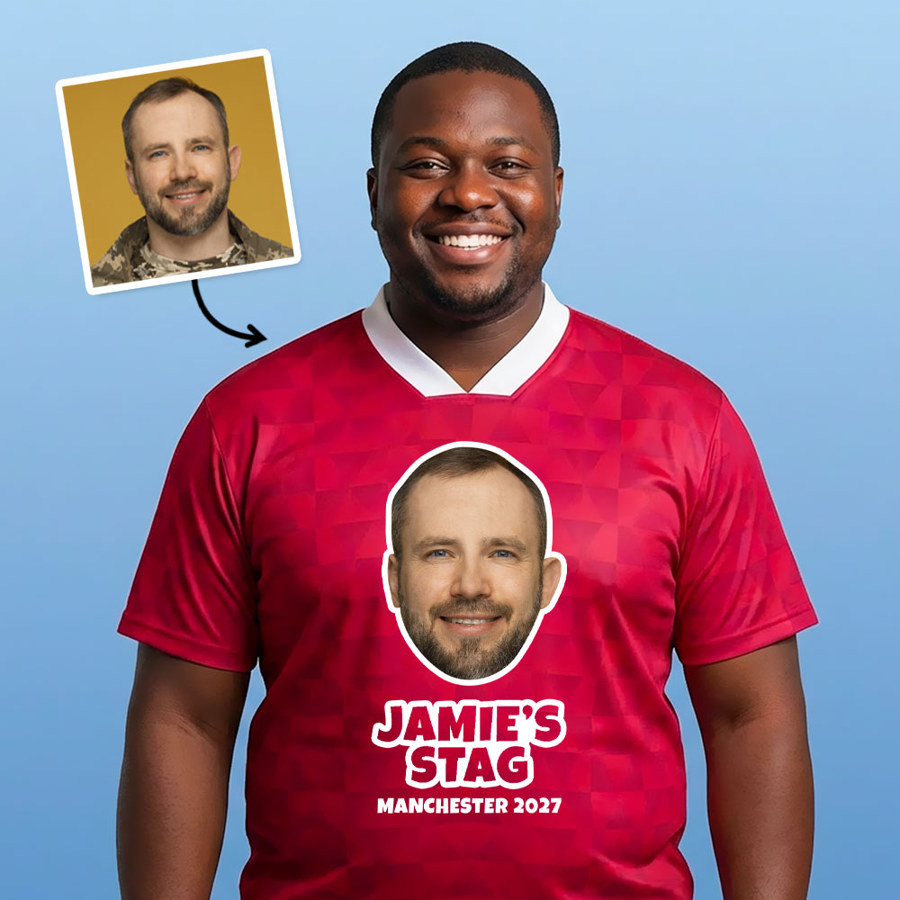 A male model wearing a custom stag do retro footie top with custom text reading Jamie's Stag Manchester 2027 which has been personalised with a face photo of the stag