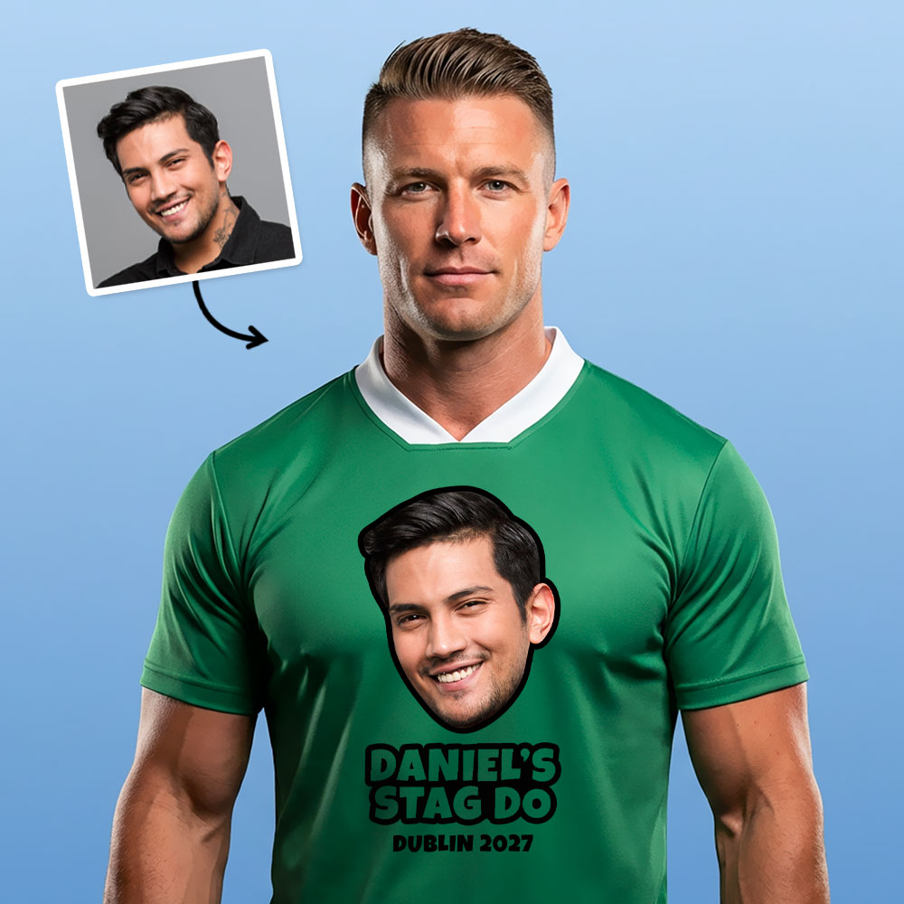 A male model wearing a custom stag do retro footie top with custom text reading Daniel's Stag Do Dublin 2027 which has been personalised with a face photo of the stag