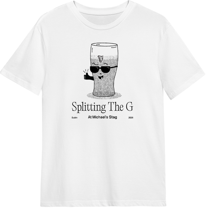 A white t-shirt with a black and white cartoon of a Guinness glass with sunglasses with editable text that reads 'Splitting The G at Michael's Stag'. 