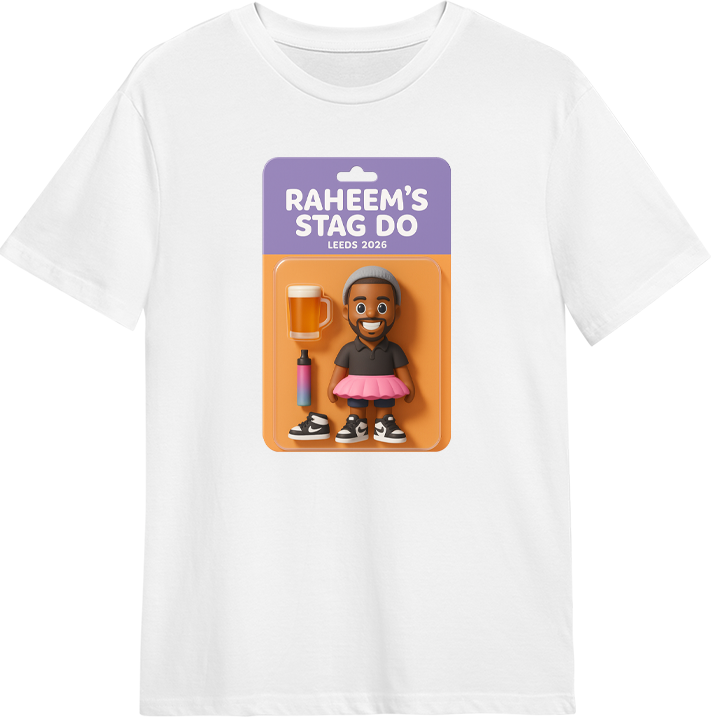A white stag do t shirt reading Raheem's stag do Leeds 2026, with an AI generated packaged action figure toy that can be customised to look like the stag by editing his outfit and adding three accesso