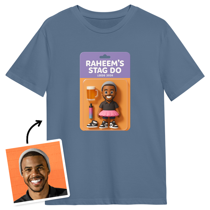 A male model wearing a blue stag do t shirt reading Raheem's stag do Leeds 2026, with an AI generated packaged action figure toy that can be customised to look like the stag by editing his outfit and adding three accessories