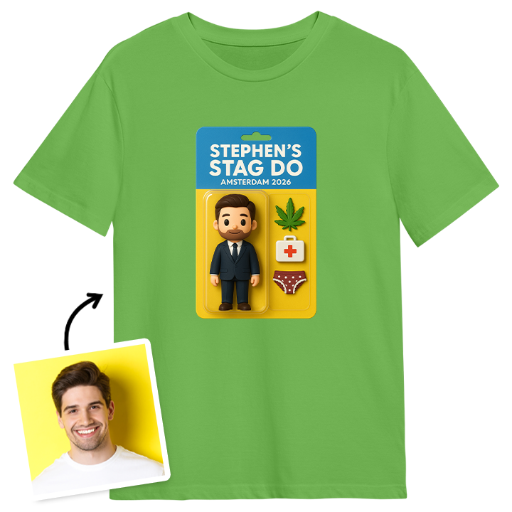 A green stag do t shirt reading Stephen's Stag Do Amsterdam 2026, with an AI generated packaged action figure toy image that can be customised to look like the stag by editing his outfit and adding three accessories. The accessories for this one are a weed leaf, a first aid kit and some pants