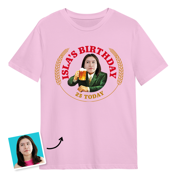A Moretti themed birthday t-shirt with a woman's photo edited into the iconic Moretti design with custom text reading Isla's Birthday 30 Today