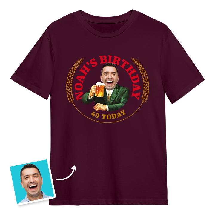 A Moretti themed birthday t-shirt with a man's photo edited into the iconic Moretti design with custom text reading Noah's Birthday 40 today
