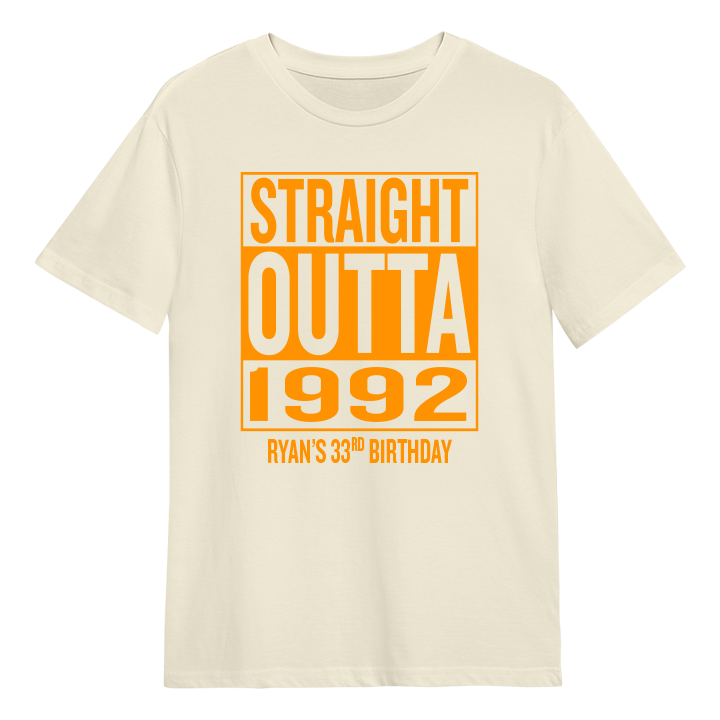 A straight outta compton style custom birthday tee that has been personalised with the custom text Straight Outta 1992 Ryan's 33rd Birthday