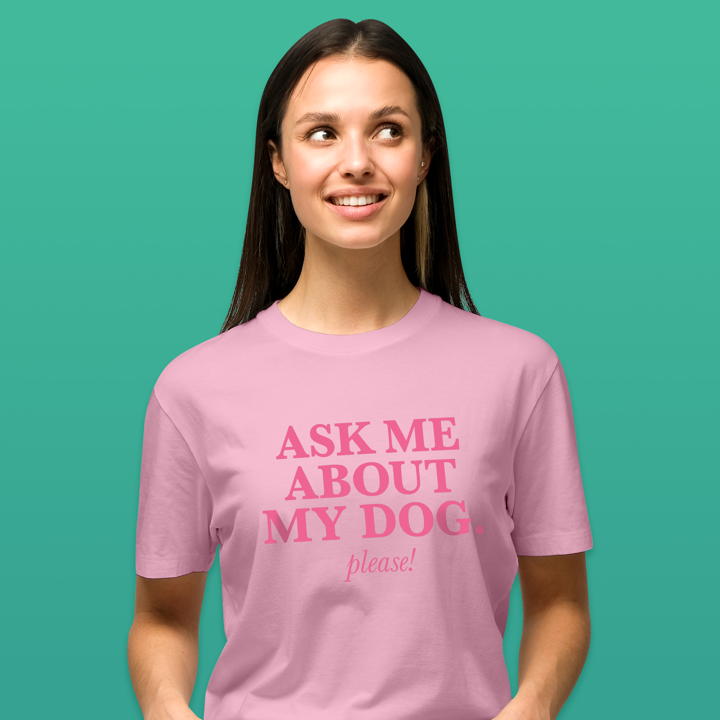 A female model wearing a light pink pet t shirt with dark pink writing that reads 