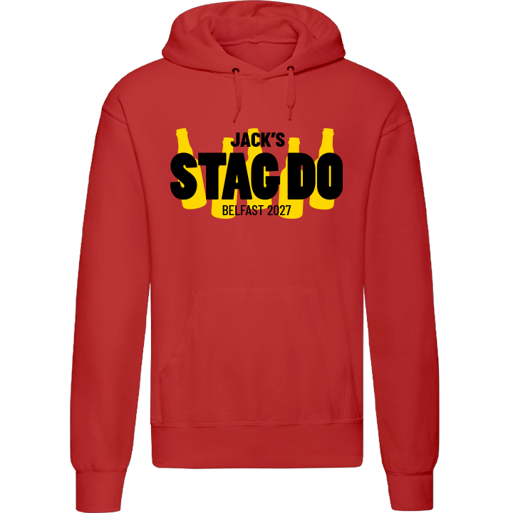 Stag Do Illustration from Photo Hoodie – Illustration, Text, Location on Red Hoodie