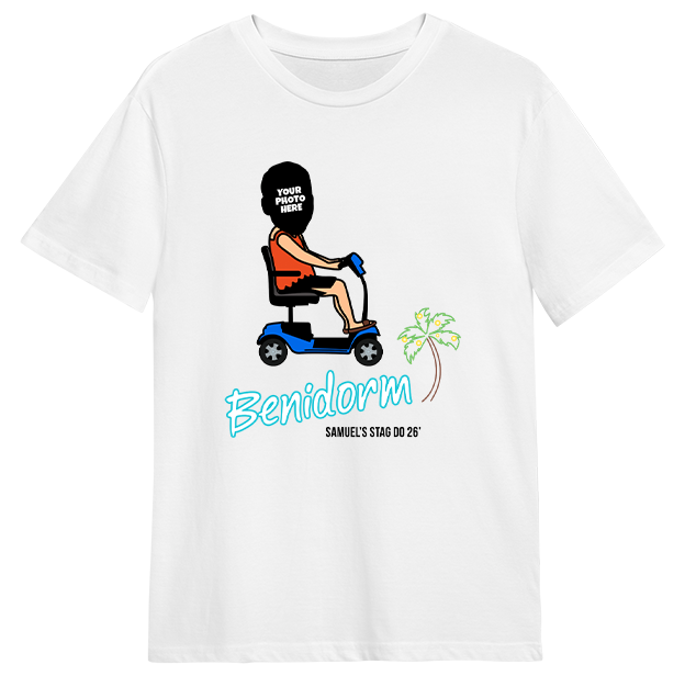 A white t-shirt with editable text that reads Benidorm, Samuel's Stag Do 26 with a person on a motor scooter that you can edit someone's face onto that reads 'your photo here'.