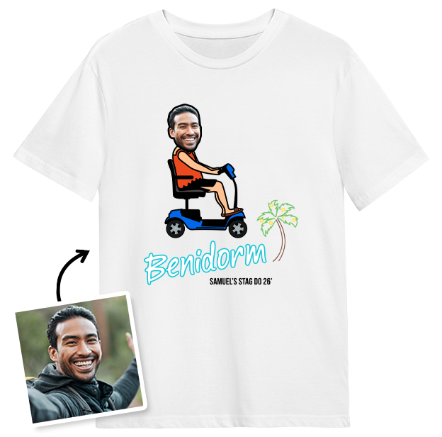 A white t-shirt with editable text that reads Benidorm, Samuel's Stag Do 26 with a person on a motor scooter that you can edit someone's face onto