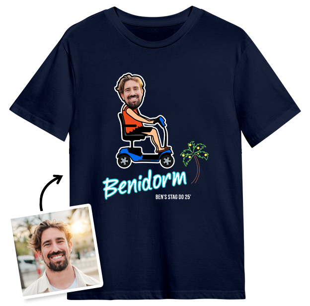 A navy t-shirt with editable text that reads Benidorm, Samuel's Stag Do 26 with a person on a motor scooter that you can edit someone's face onto