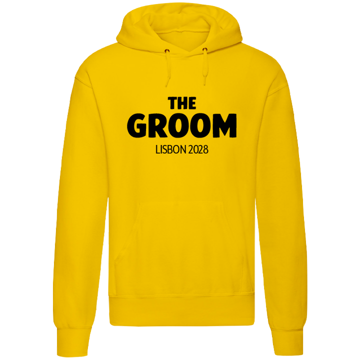 A custom yellow stag do hoodie that has the custom text The Groom Lisbon 2028 in eye-catching bold lettering