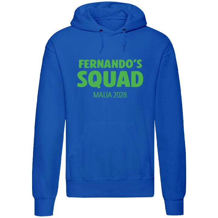 A custom blue stag do hoodie that has the custom text Fernando's Squad Malia 2028 in eye-catching bold lettering