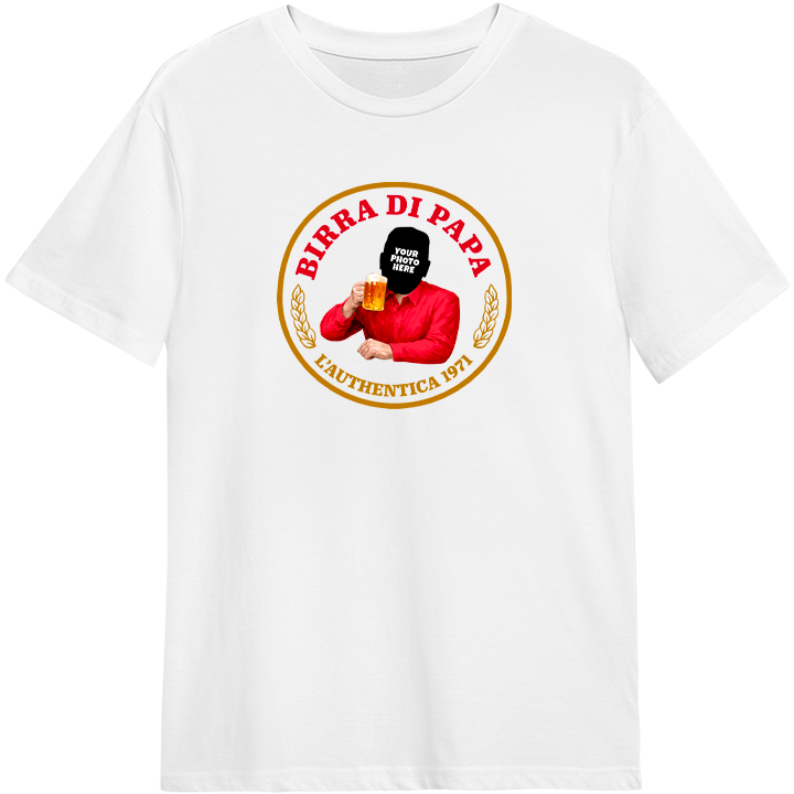 A custom Moretti themed Father's Day t-shirt which has space for you to upload a face pic to be part of the Moretti man logo and has space for custom text 