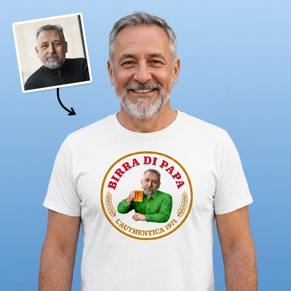 A male model wearing a custom Moretti themed Father's Day t-shirt which has been customised with a face pic, custom text and editable birth date 1971