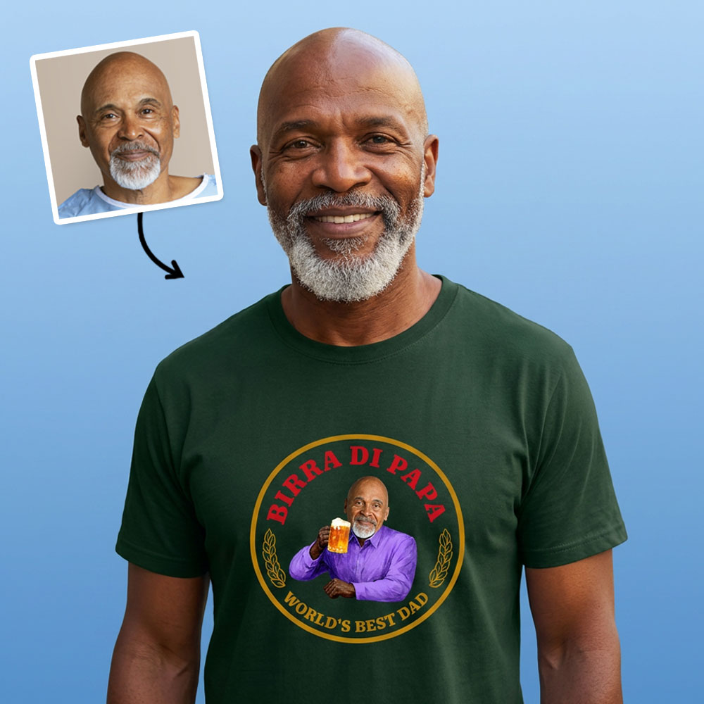 A male model wearing a custom Moretti themed Father's Day t-shirt which has been customised with a face pic and custom text reading world's best Dad