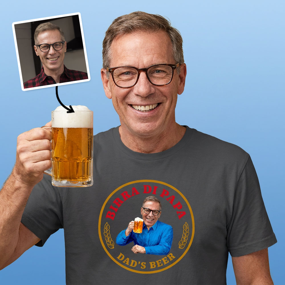 A male model wearing a custom Moretti themed Father's Day t-shirt which has been customised with a face pic and custom text reading Dad's Beer
