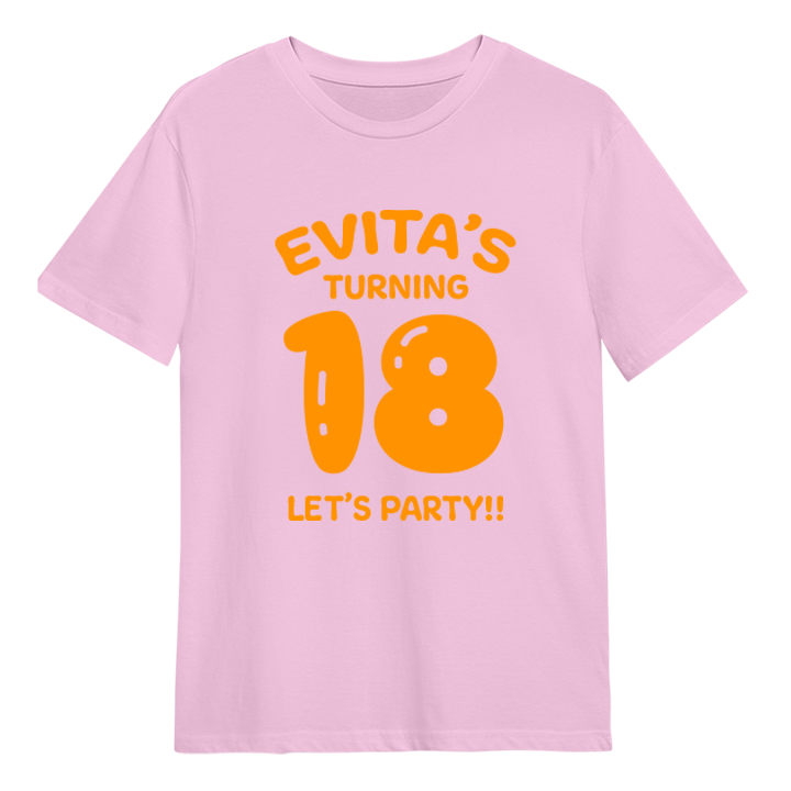 A custom birthday shirt with 18 in a balloon font that has been personalised with the custom text Evita's turning 18, Let's Party!!