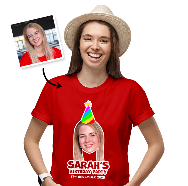 Birthday Party Hat Photo T-shirt – Photo and text on Red T-shirt