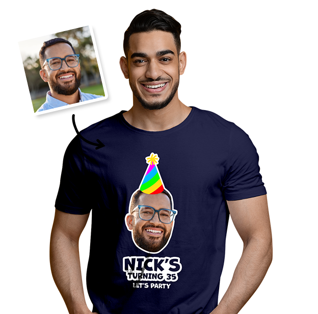 Birthday Party Hat Photo T-shirt – Photo and text on Navy T-shirt